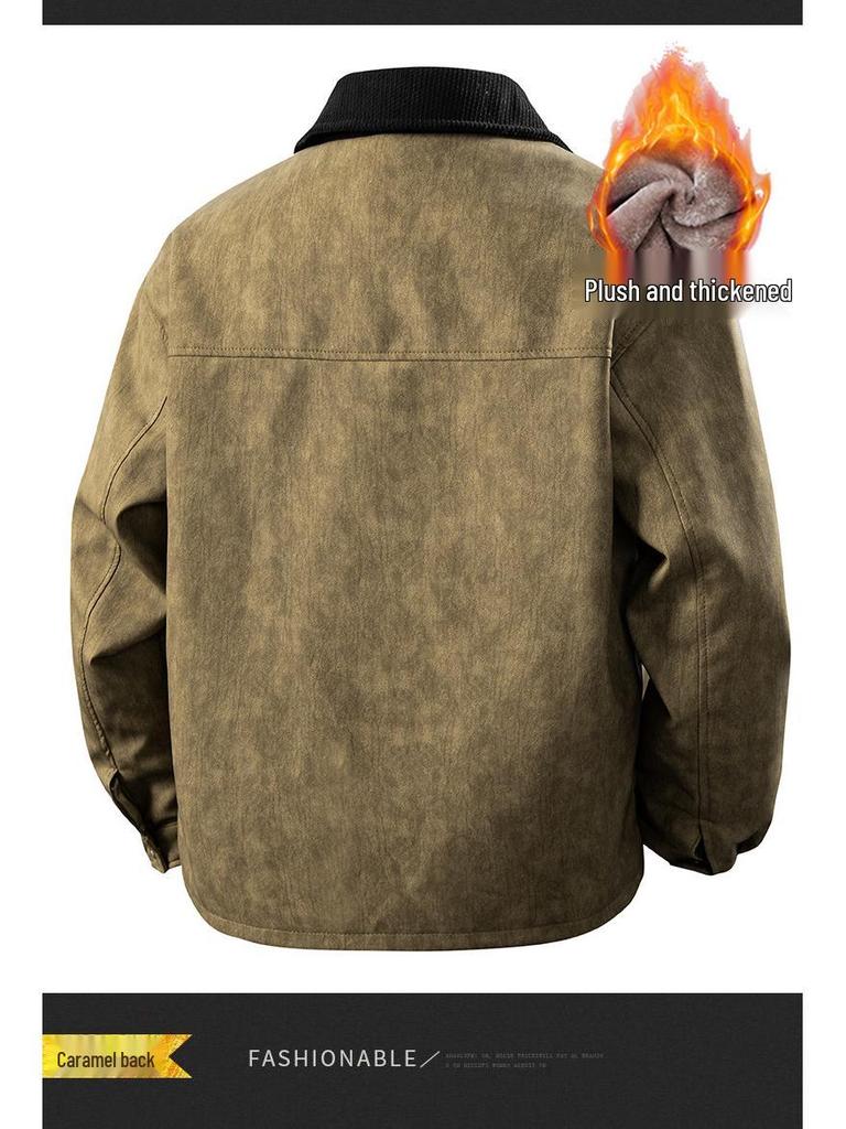 Di Yu Shen Long Men's Trendy Winter Loose Color Block Fleece-Lined Leather Jacket
