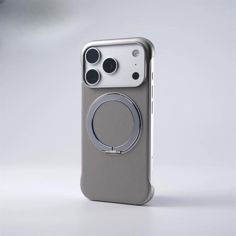 model of frameless leather grain ring holder Magnetic Case For iPhone17 Pro Max 16 15 14 Magsafe Thin Heat Hissipation Cover