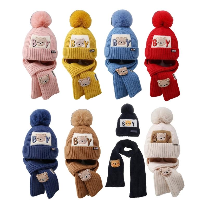 Cappello e Sciarpa Caldi Invernali Cappello e Sciarpa per Bambini Cappello-Sciarpa Ispessito Cappello Berretto Elastico con Pompon per Bambini 1-6 Anni