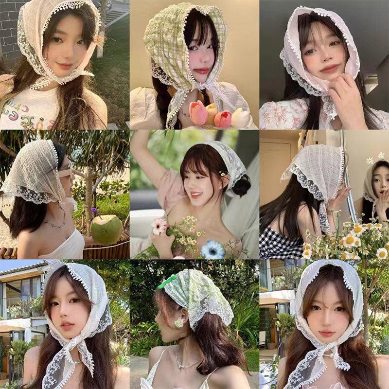 1 Pcs 1950s Retro Lace Scarf Triangle Neck Scarf Embroidered Lace Wrap Hair Wrap,Floral Crochet Hair Bandanas for Women Girls