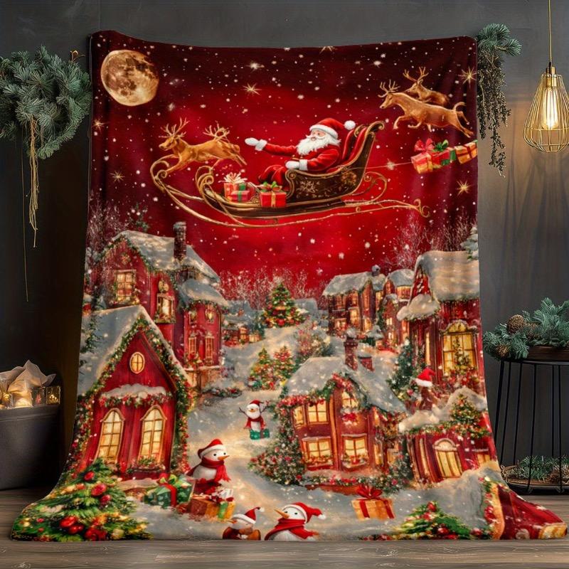 1pc Festive Santa Claus & Reindeer Night Scene Flannel Throw Blanket / Lightweight Soft & Warm HD Printed Fleece
