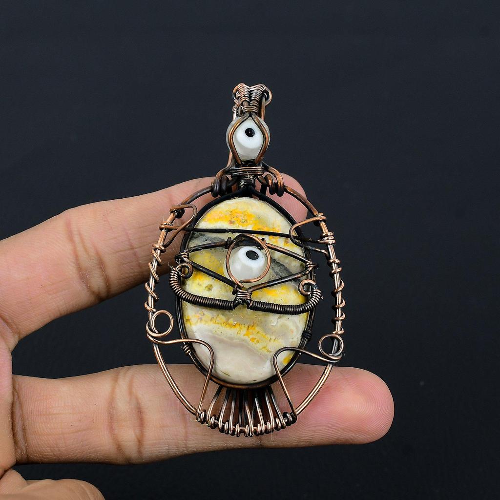 Bumblebee Jasper & White Evil Eye Pendant, 999 Copper Wire Wrapped Gemstone Jewelry, Handmade Pendant, For Mother Day