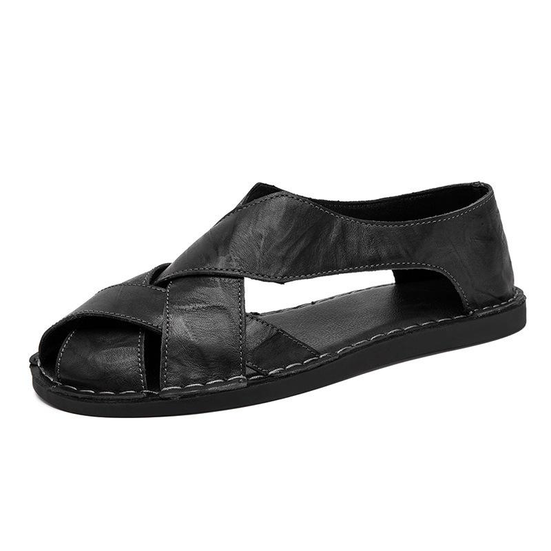 Men s Cross-Strap Leather Sandals: British Style, Non-Slip, Outdoor Casual, Large Sizes Available. 43