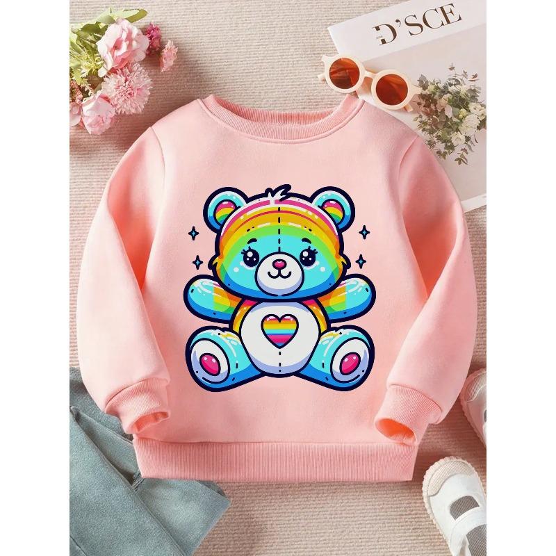 European Sizes Kids Rainbow Bear: A Colorful and Cute Illustration Print Long Sleeve Crewneck Sweatshirt - Soft Casual Pullover Top