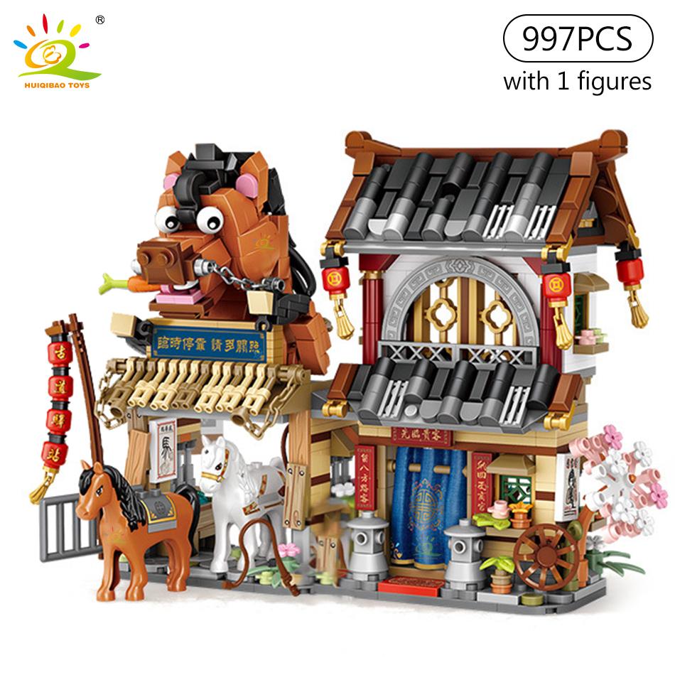 HUIQIBAO City Mini Street View Panda Tea House Model Building Blocks DIY Little Bear Coffee Shop Bricks Toys for Children Adult