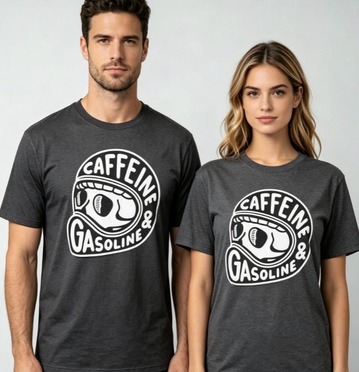 2026 New Black Roundneck Tshirt With Retro Helmet Skull Pattern Caffeine And Gasoline Print Motorcycle Rider Cotton Tshirt