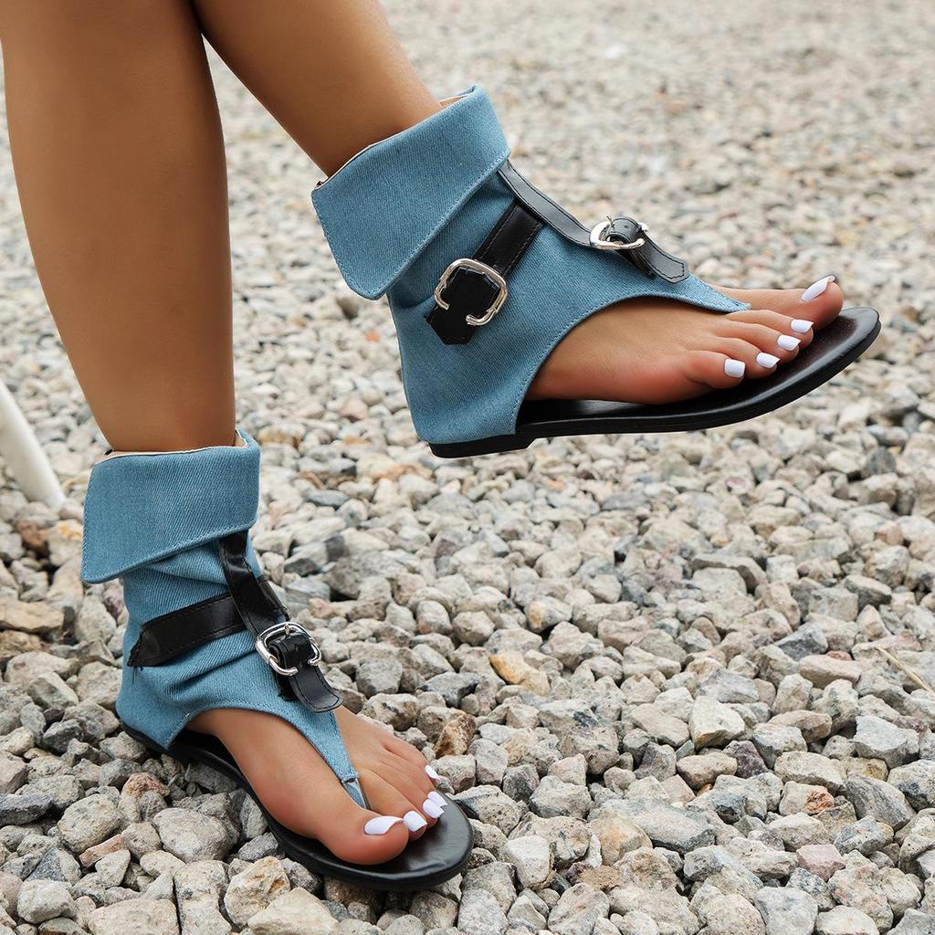 Flache Römersandalen für Damen, Denim-Gürtelschnalle, Übergröße 43, hohe Gang-Wort-Coole Stiefel für Damen