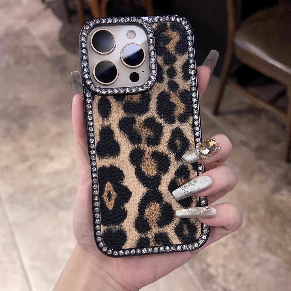 Luxury Leopard Print Fur Pattern Case For iPhone 17 16 15 14 13 12 11 Pro Max Glitter Diamond Shockproof Bumper Protection Cover