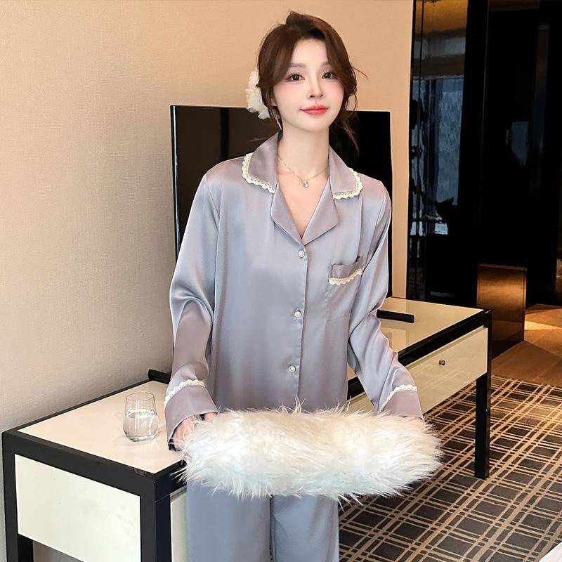 Ice silk couple pajamas women's new spring and autumn long-sleeved trousers simple cardigan can be worn outside men's loungewear suit