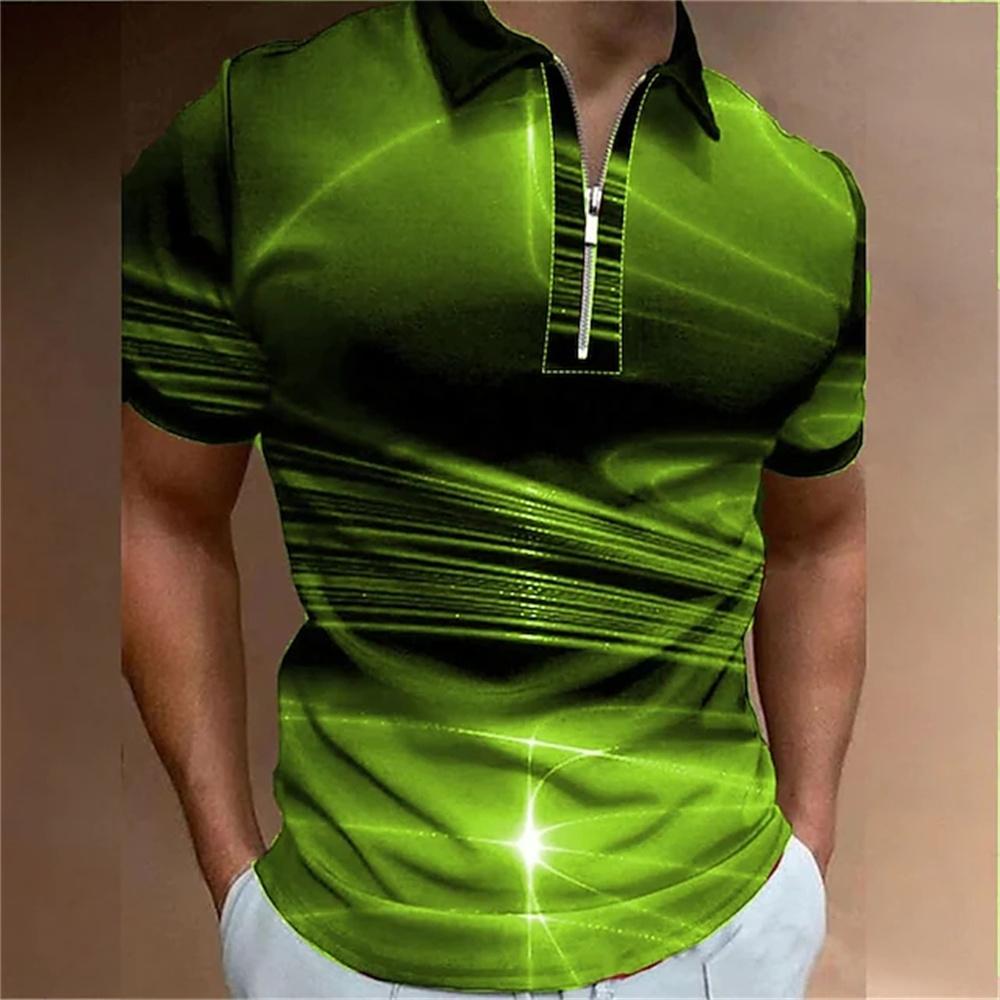 Men's fashion, casual collar and zipper bar, staircase printed golf clothing, short sleeved T-shirt
