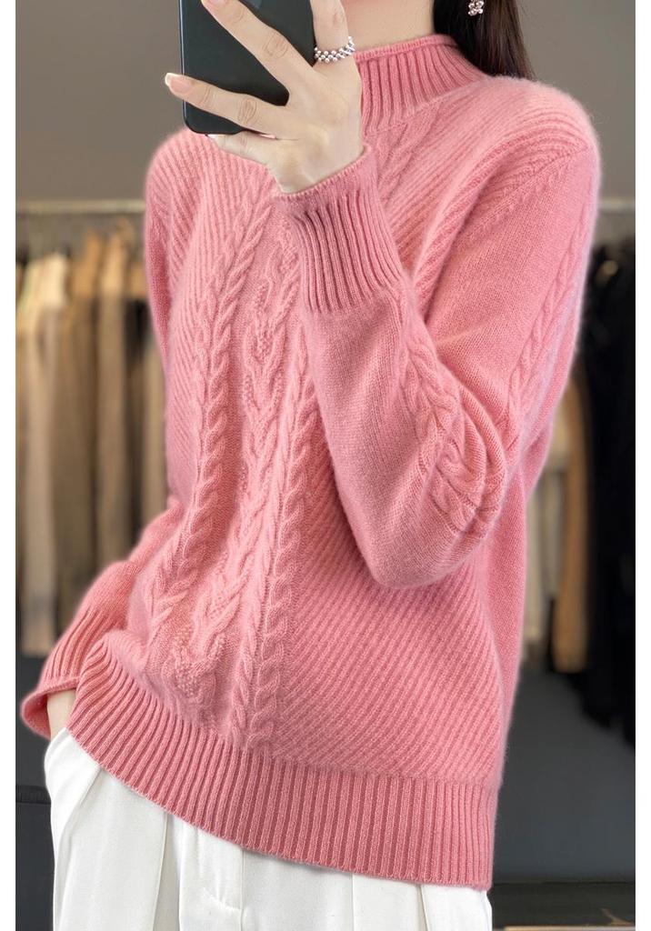 Chunky Knit Cable Wool Sweater - Half-High Neck, Textured, Elegant Autumn/Winter Outerwear