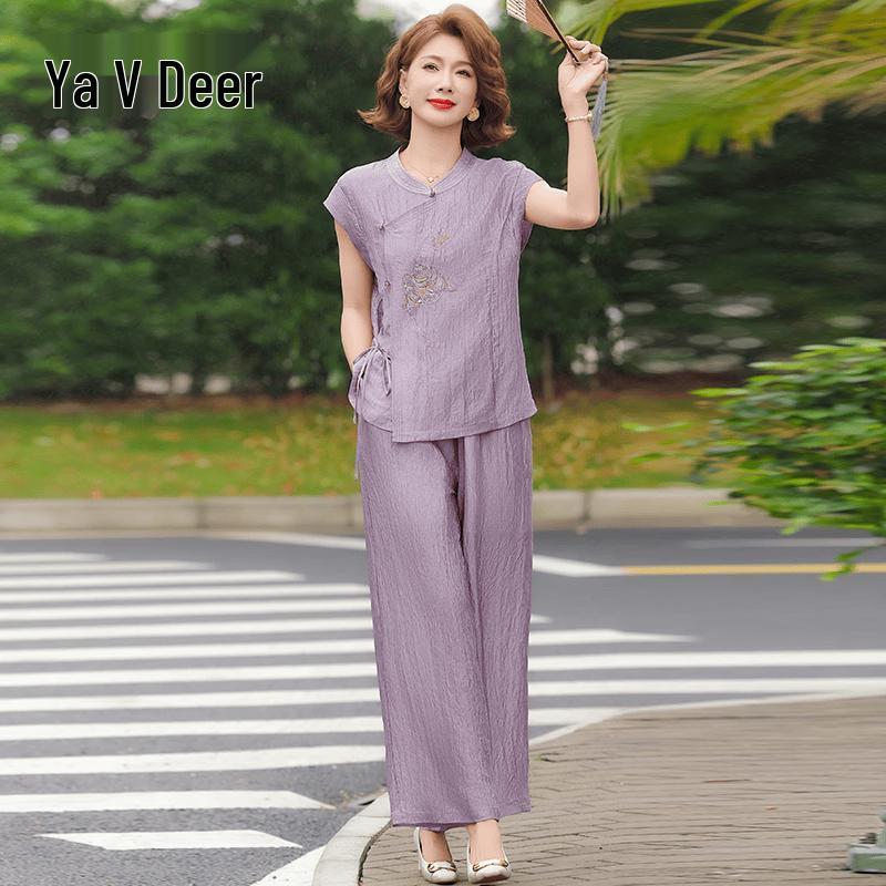 Yalu Elegant Mother s Short-Sleeve T-shirt & Wide-Leg Pants Set L