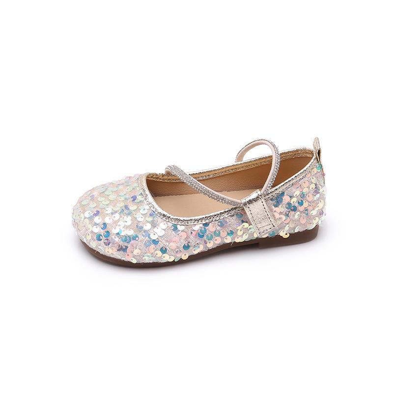 Girls Dance Performance Shoes Shiny Sequins Round Toes Children Flat Shoes Chic Soft Sole 2025 New Kids Leather Shoes Non-slip