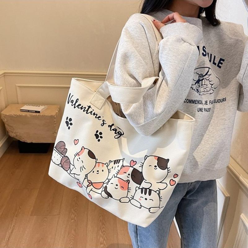Large Capacity Cartoon Canvas Bag Girls' Student Wear Book Commuter Tote Bag Casual Simple Lightweight Shoulder Cloth Bag