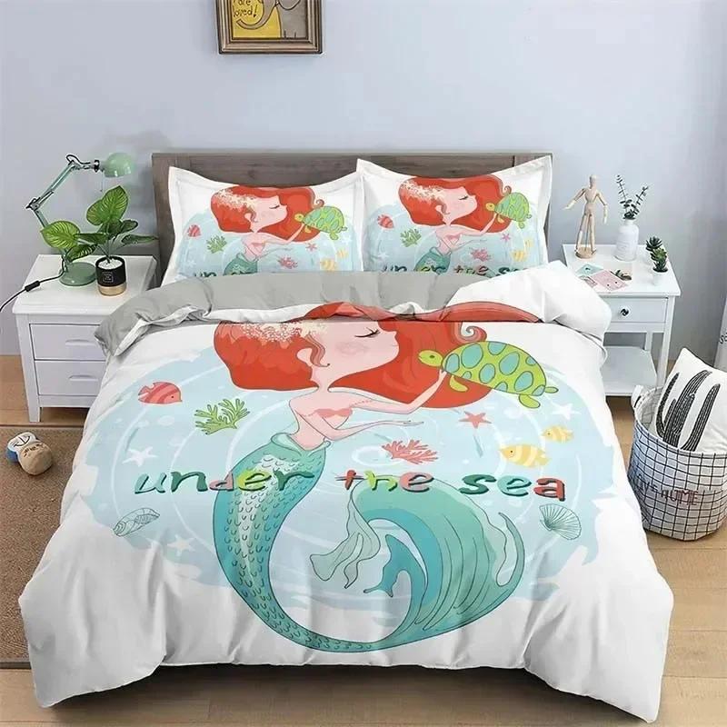 Modern Cartoon Mermaid Toddler Bedding Set Duvet Cover Sheet Printed Bed Set Pillowcase Full Queen King Size Comforter Bedroom