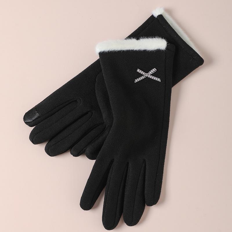 Warm Gloves for Women Rabbit Fleece Cute Bow Thickened Plush Windproof Riding Touch Screen Autumn and Winter Gloves