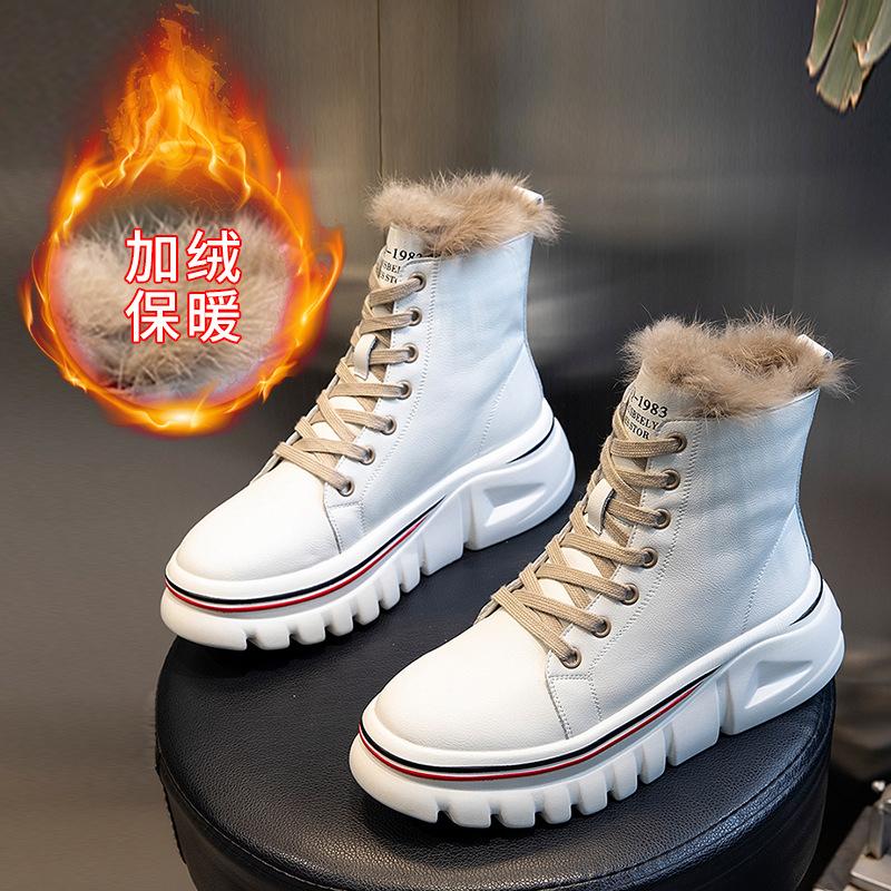 Real rabbit fur 2025 winter Martin boots thick-soled heightening short boots British casual mid boots velvet leather boots