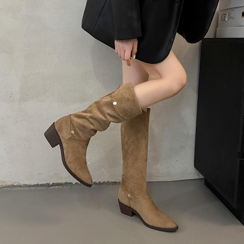 Pile Boots Women's Pointed Head Tall Tube Medium Tube Knight Boots New Early Autumn Winter Brown Western Cowboy Long Boots
