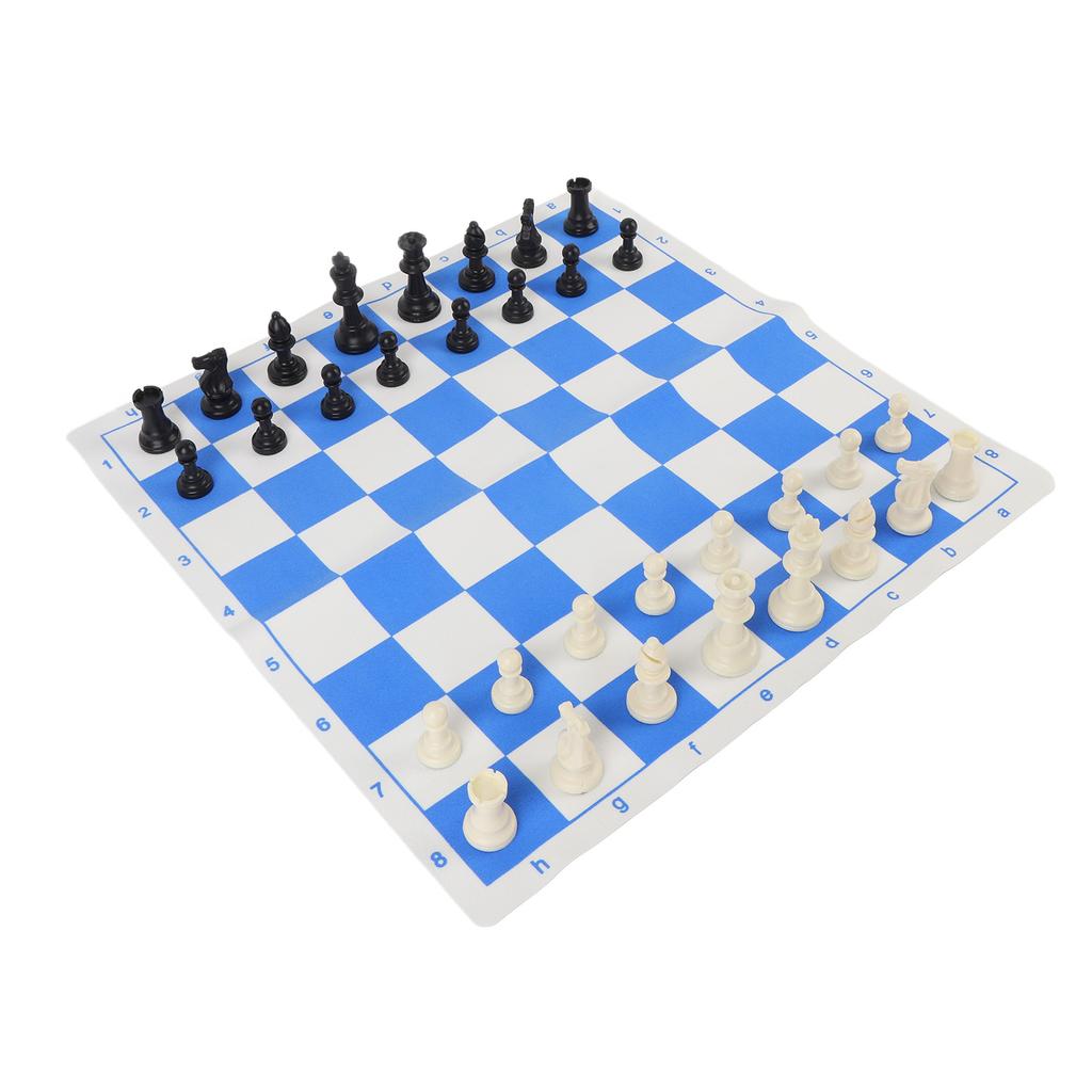 Chess Set with PU Blue White Chess Board 32pcs Plastic Chess Pieces Black Square Storage Bag Chess