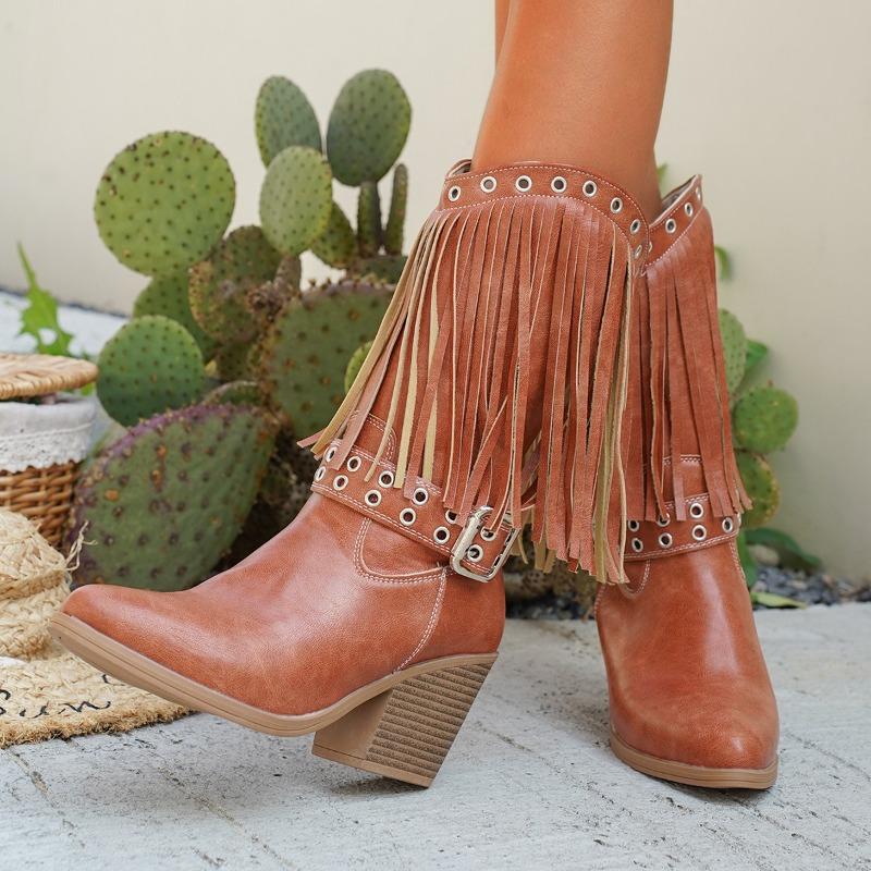 Fashion Autumn New Tassel Women's Boots European and American Retro Round Toe Block Heel Mid-leg Boots Western Boots Slip-on