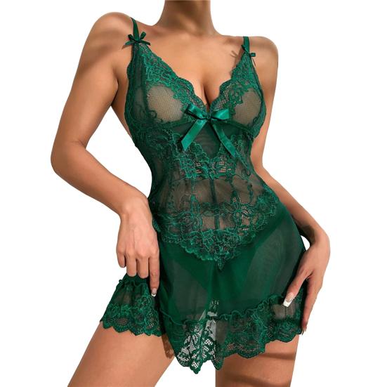 Kadın Seksi Fiyonklu Şeffaf File Babydoll Gecelik Gömlek V Yaka Pijama Takımı G-String Tanga Setli Çiçekli Dantel Boudoir Kıyafetleri