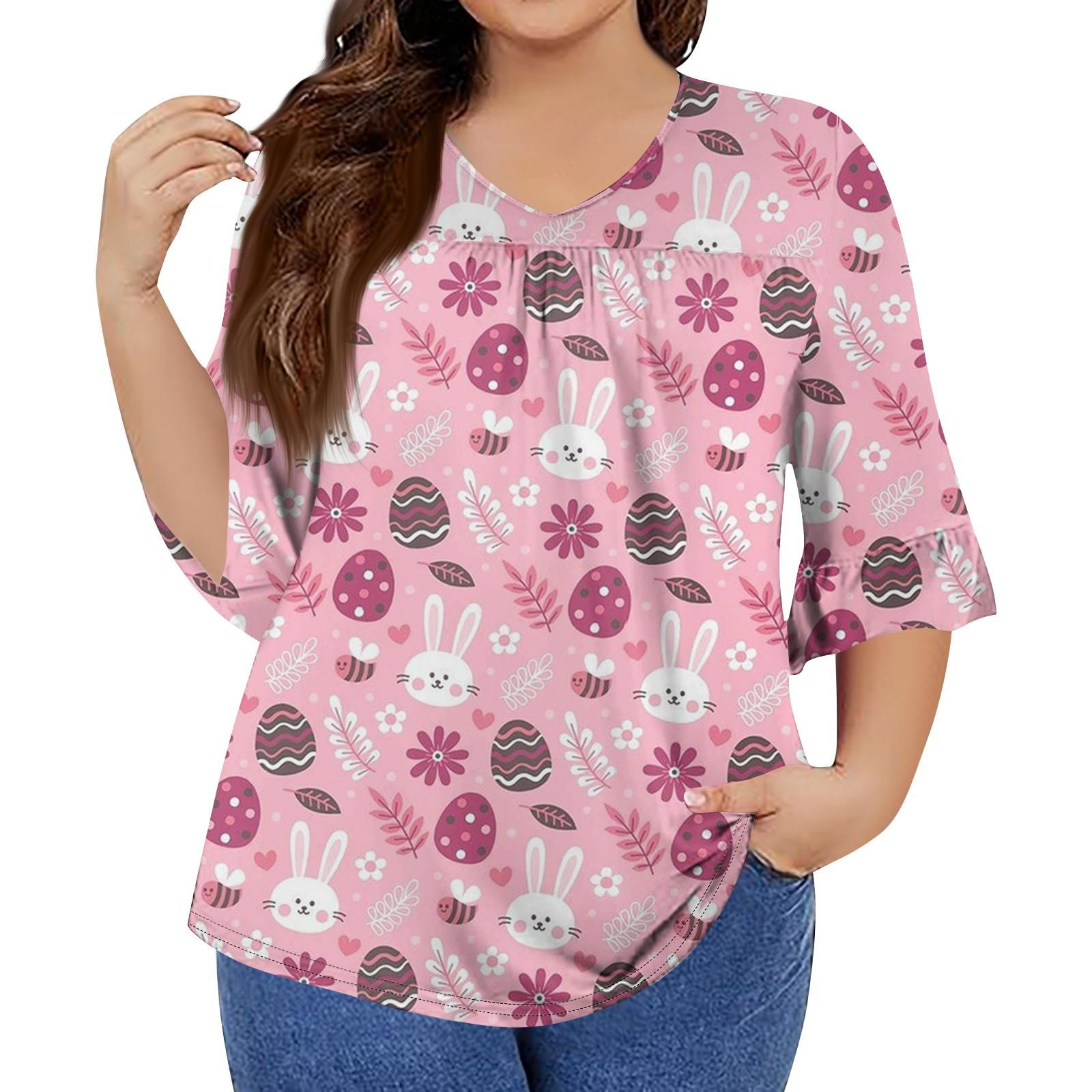 

Женская мода повседневная Пасха принтованная V-образный вырез рукав семь минут оборки рукав футболка топы плюс размер женская XXXXXL