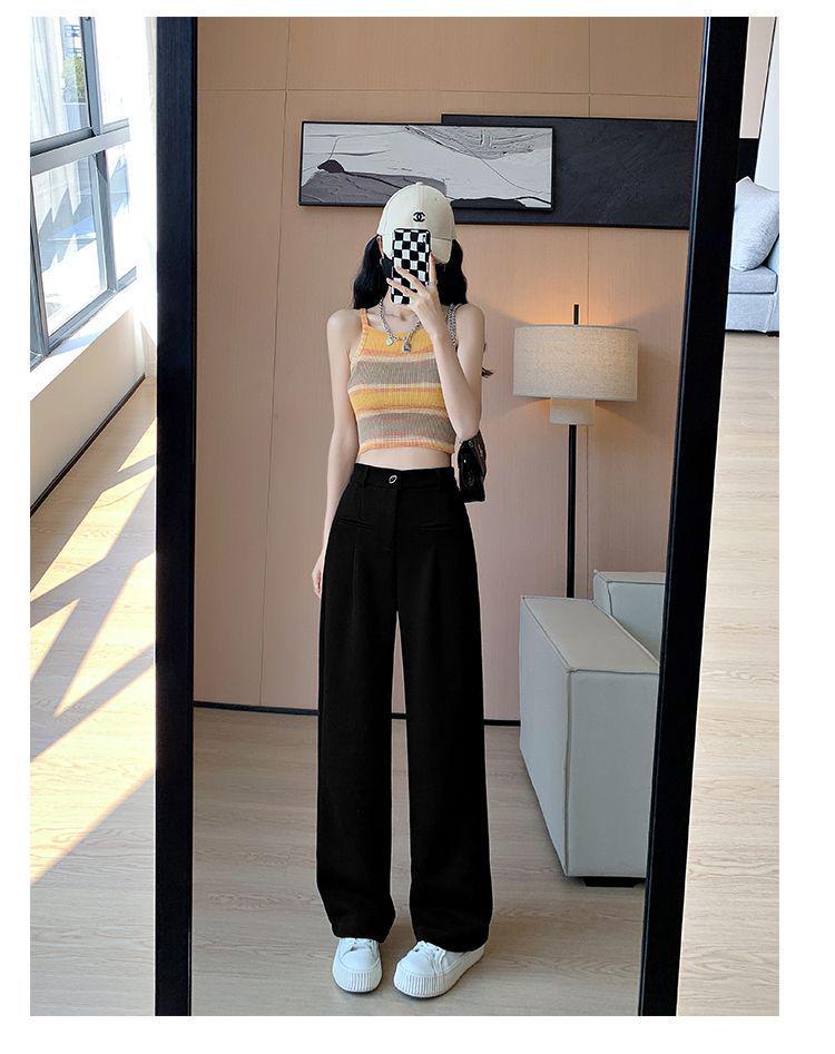 High-End Wide-Leg Knit Pants: Faux Pocket, Slimming, High Waist, Petite Fit for Women - Perfect for Autumn and Spring