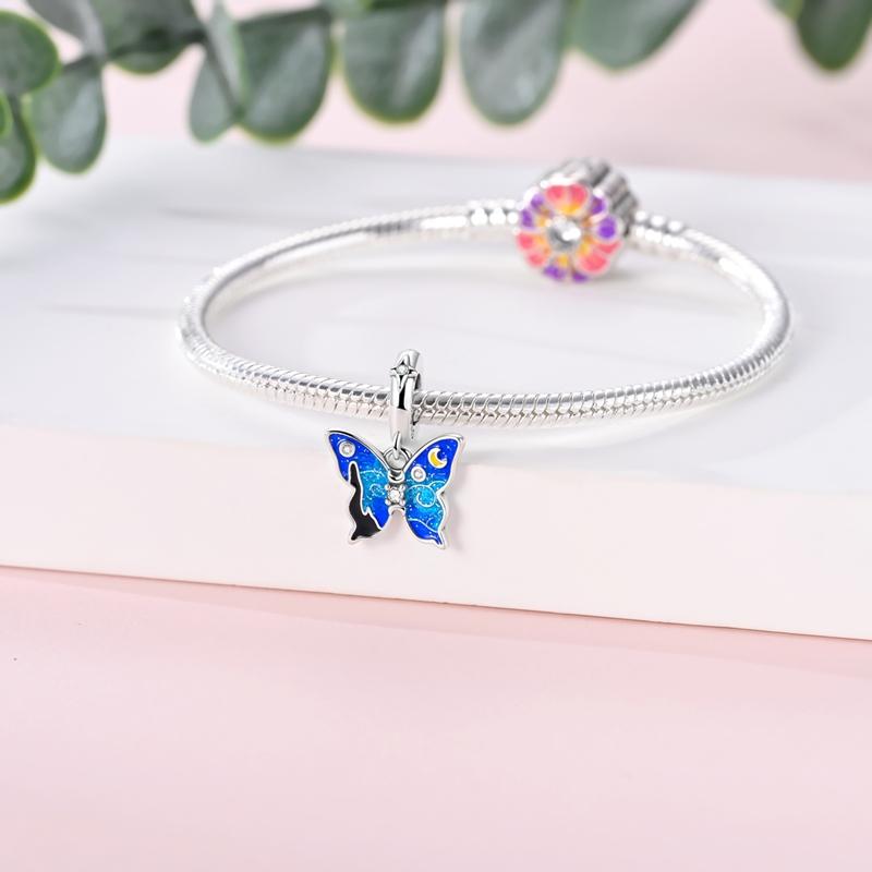 Original Real Copper Charm Bead Starry Sky Butterfly Paint Pendant Fit Original Bracelets Chain For Women Diy Gift