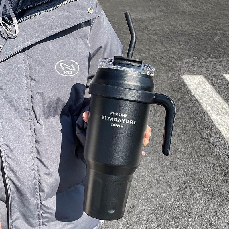 Tazza termica a doppia bevanda di grande capacità con cannuccia e manico - Ideale per sport all'aperto e ufficio