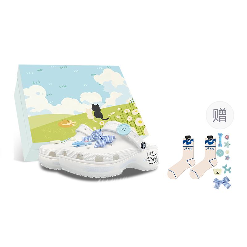 Crocs Classic Platform Clog Classic Cloud Crocs Vintage Gift Box Line Bier Puppy Button Bow All the Way Flowers Women's White Blue