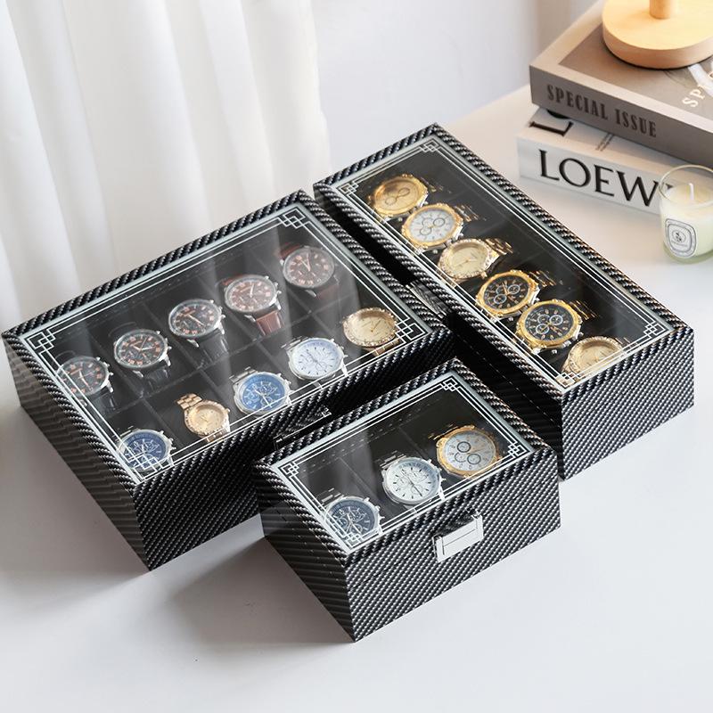 Exquisite High-Capacity Carbon Fiber Watch Box - Dustproof Display for Mechanical Watches