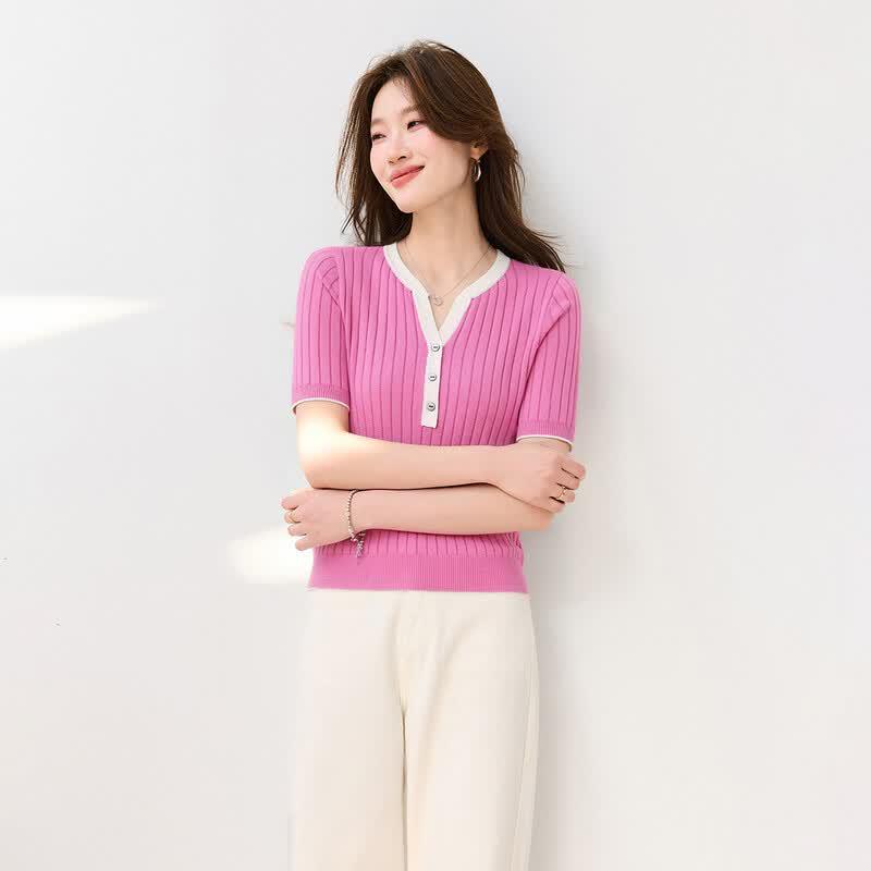 Srcr Women's Silk-Blend Ribbed V-Neck Short-Sleeve T-Shirt