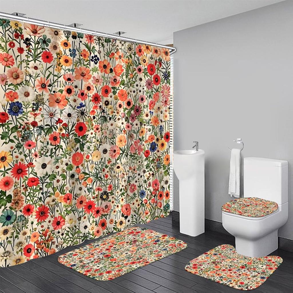 4Pcs Bathroom Shower Curtain Set Lotus  Bathroom Curtain With 12 Hooks Non Slip Rugs Toilet Cover Mat Bathroom Partition