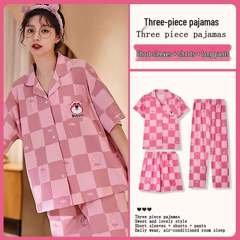 Kuromi Japanese-Style Cotton Pajamas: Women's Summer Lapel Sweet Cardigan Homewear Three-Piece Set