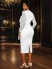 Elegant White Midi Dress for Women Lace Sleeve Bodycon Style with Oversized 3D Flower Front Church Wedding Guest Formal Evening Outfit