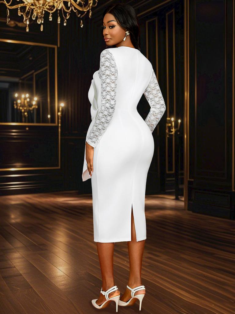 Elegant White Midi Dress for Women Lace Sleeve Bodycon Style with Oversized 3D Flower Front Church Wedding Guest Formal Evening Outfit