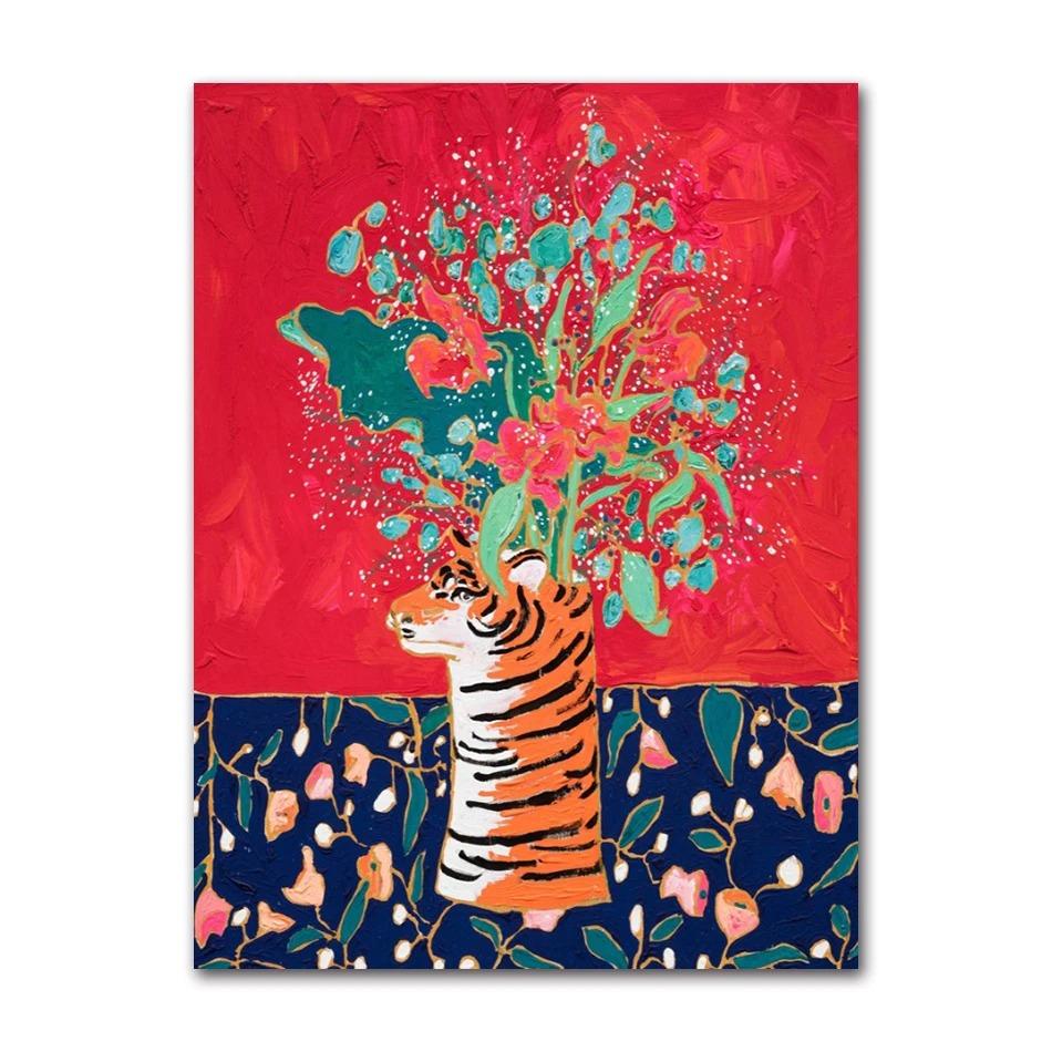 Nordic Flower Leaf Colorful Vase Art Print Wall Poster Canvas Painting Retro Picture Modern Home Decor Bedroom Decoration