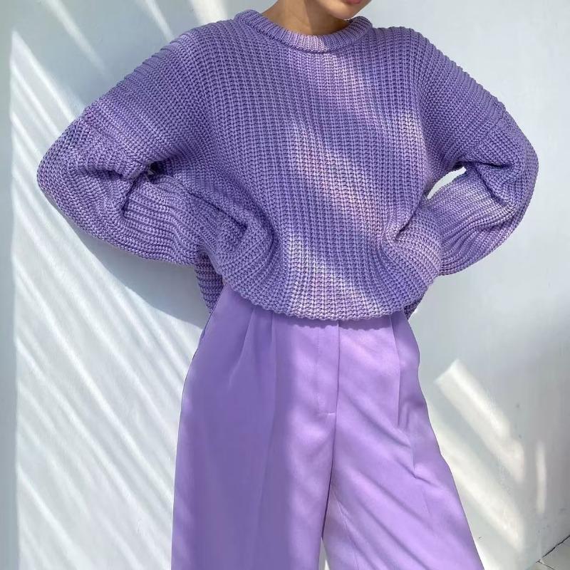 

Осенний свободный повседневный вязаный свитер для женщин, модный новый длинный рукав, круглый вырез, зимние свитера для женщин, элегантные однотонные теплые вязаные джемперы 25722 One Size фиолетовый