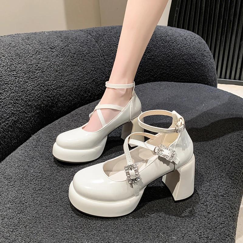 Modne Kryształowe Buty na Wysokim Obcasie Słodkie Eleganckie Buty Mary Jane Kobiety 2024 Nowa Wiosna Seksowne Czółenka na Imprezę do Sukienki Damskie Płytkie Buty Lolita
