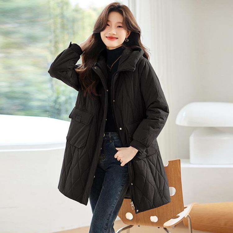 Women's Plus Size Fleece Lined Cotton Jacket Mid Length Quilted Warm Stylish Coat for Mom Middle Aged