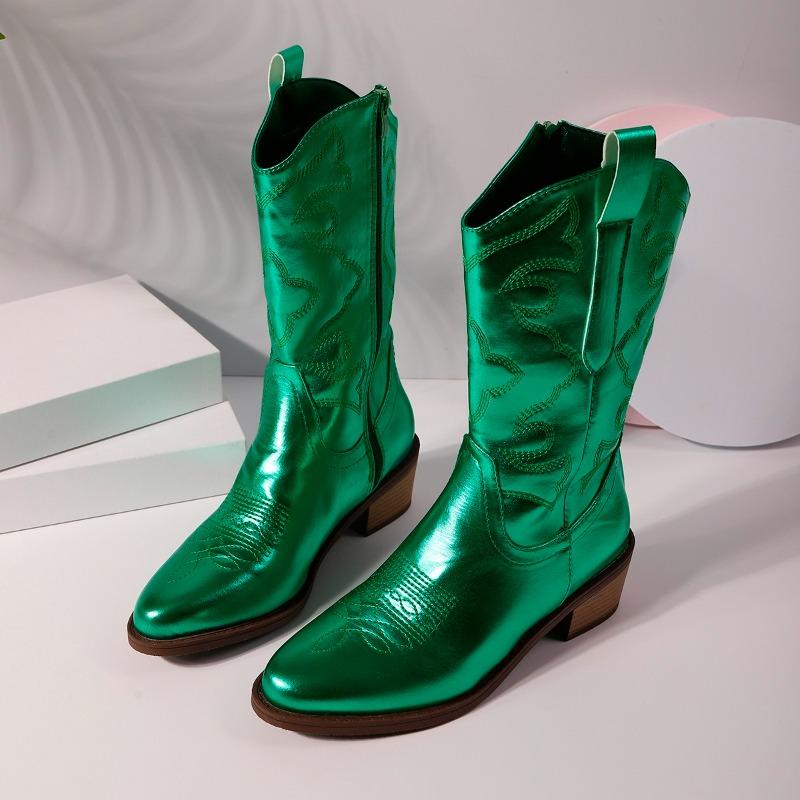 Autumn and Winter New Mid-tube Boots Women's Embroidered Pointed Toe Covers Block Heel Western Cowboy Boots
