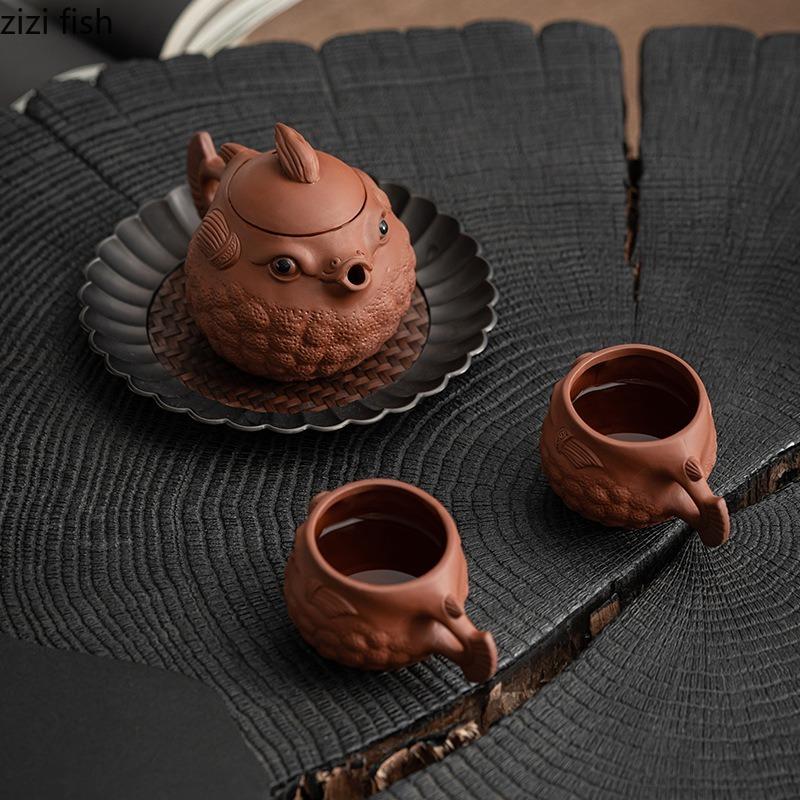 250ml Puffer Fish Purple Clay Pot Handmade Teapots Kung Fu Teaware Kettle Ornaments Tea Pets Ceramics Tea Pots Tea Making Tools
