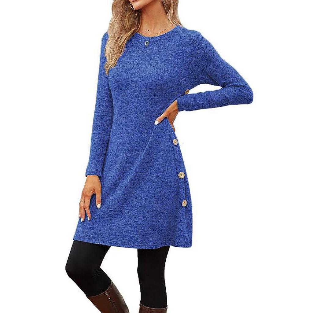 Women's Casual Round Neck Hem Slit Long Sleeve Dress