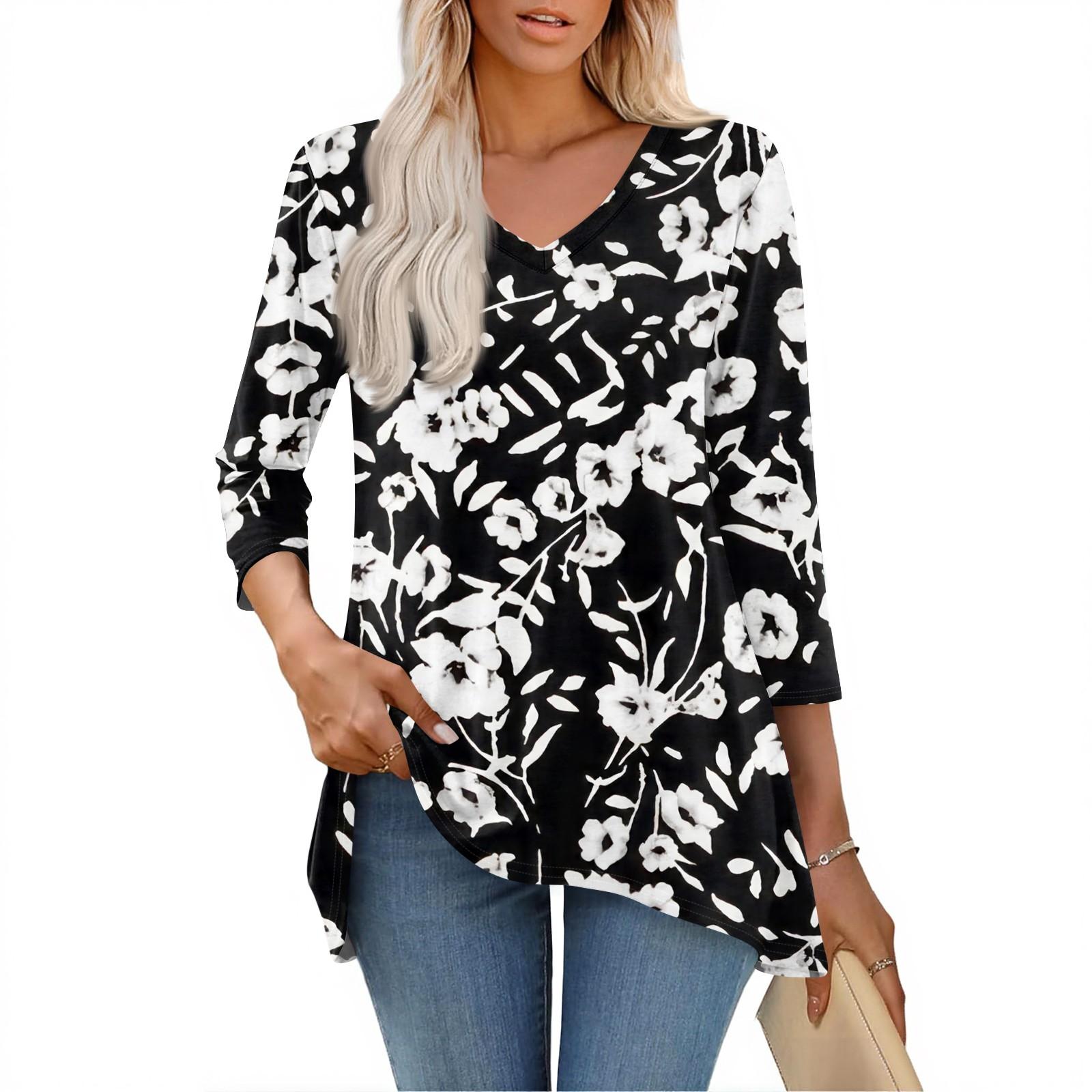 

Womens Tops V-neck 3/4 Sleeve Blouses Casual Mid-length Shirts Fashion Print Tunic Tops XL