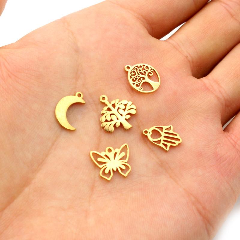 10pcs/lot  316 Stainless Steel Gold Plated Tree Moon Butterfly Small Charms Pendant For Necklace DIY Jewelry Making