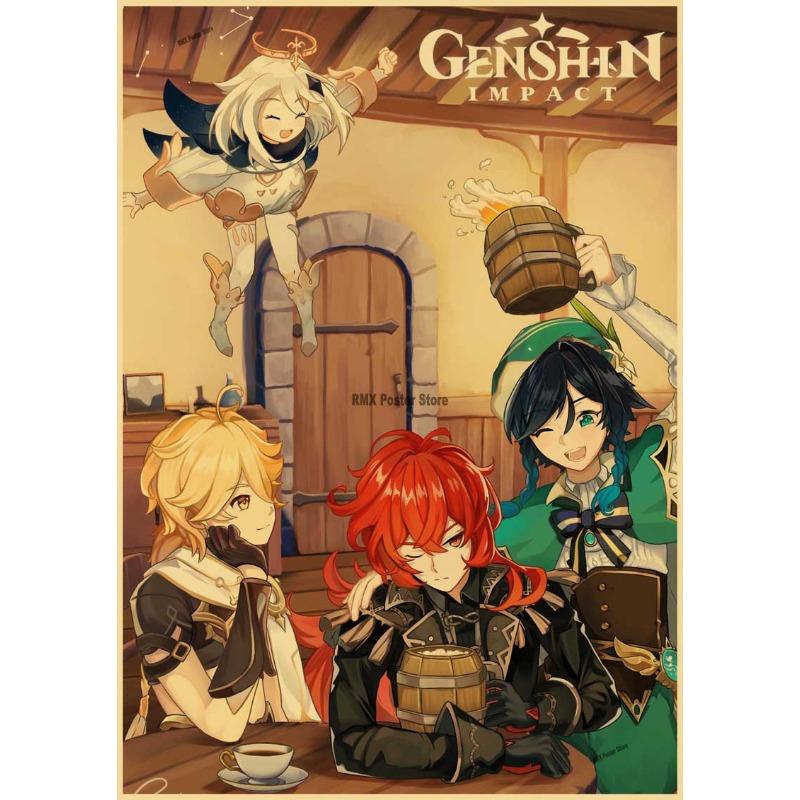 Genshin Impact Cartoon Character Posters Kraft Paper Prints Home Room Decor Study Bedroom Bar Cafe Wall Paintings Wall Stickers