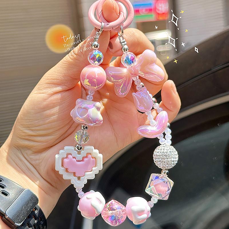 Painted Beads Phone Chain Sweet Girl Bowknot Keychain Anti-Lost Wrist Strap Bag Decor Earphone Case Pendant