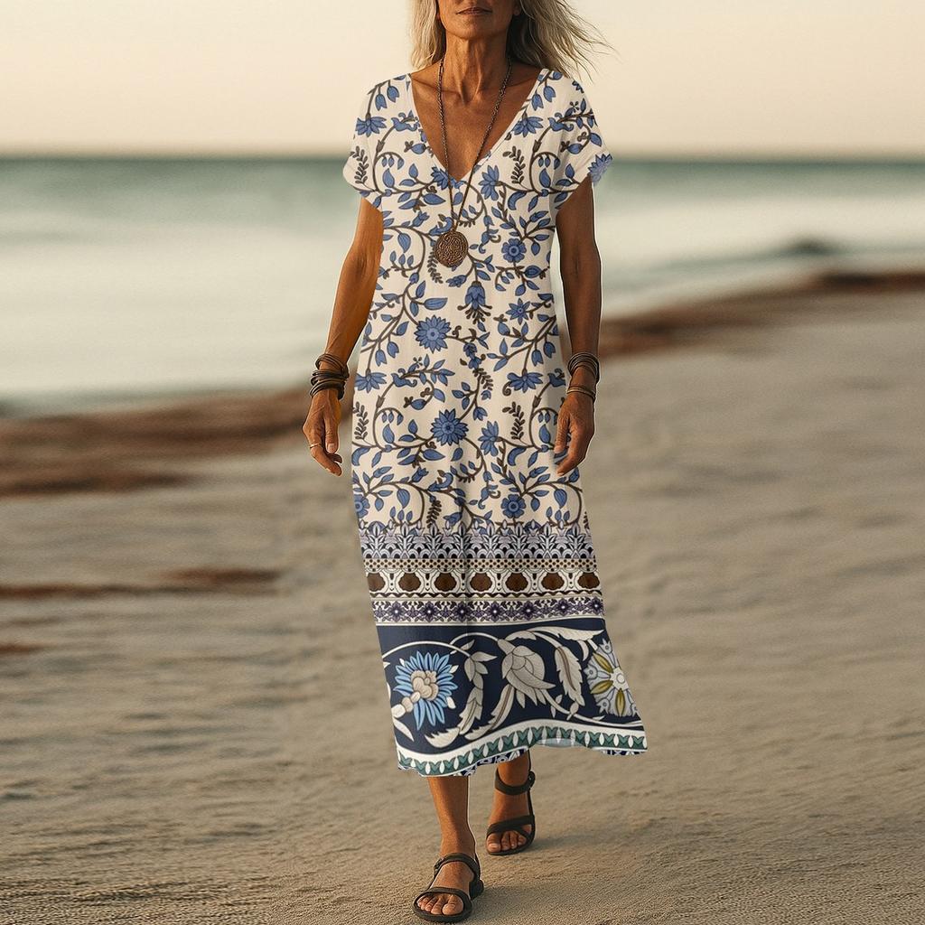 Letní šaty Dámské Dlouhé Boho Plážové šaty Elegantní Maxi šaty Výstřih do V Krátký rukáv Letní Tunikové šaty Lehké Vzdušné
