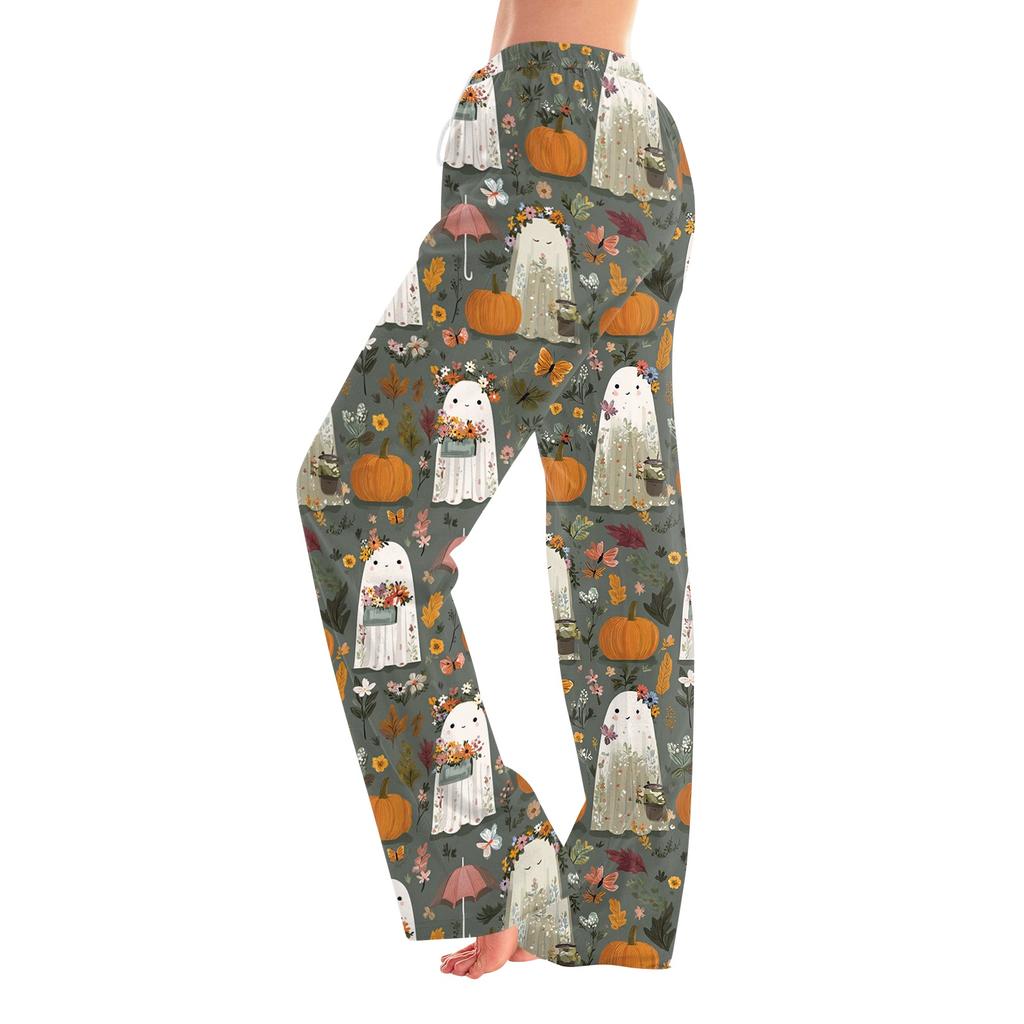 Women's Halloween Print Pants with Elastic Waist and Drawstring for Casual Home Sleepwear