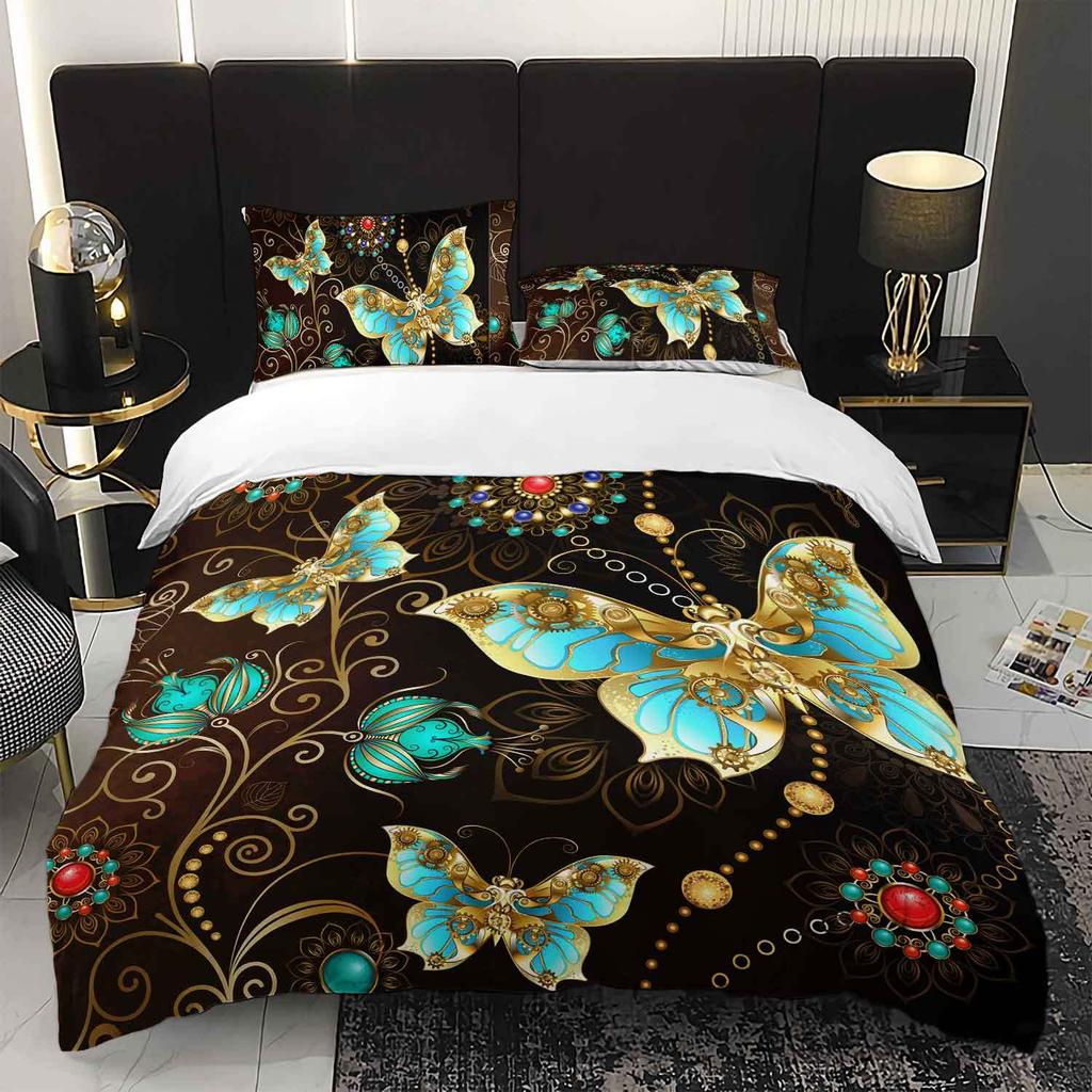 3pcs Luxury Teal Golden Butterfly Bedding Set Bohemian Butterfly Quilt Cover Set Bohemian Themed Duvet Cover Set